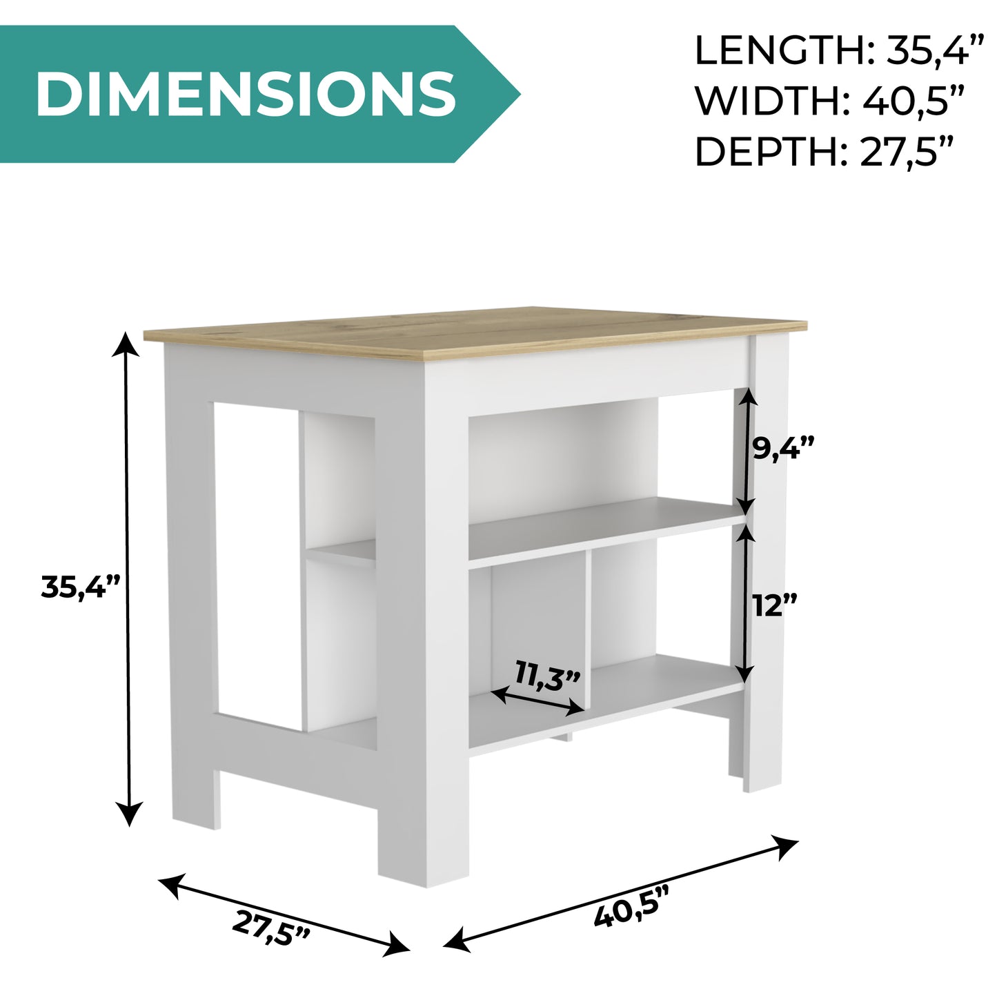 Tuhome Cala Kitchen Island with Spacious Tabletop, Three Open Storage Shelves, Four Sturdy Legs and Comfortable Meal Prep Workstation Design for Modern, Functional and Organized Everyday Culinary Spaces