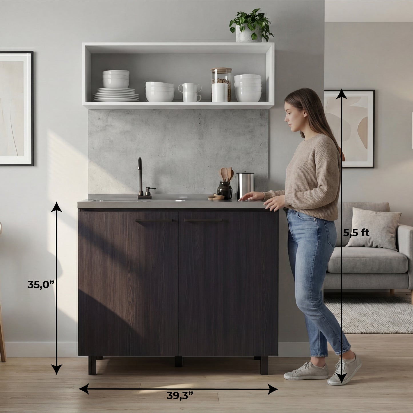 Napoles Utility Sink with Faucet Inclued and Integrated Steel Counter top, Freestanding cabinet with two doors, Metal Handles and Two interior shelves.