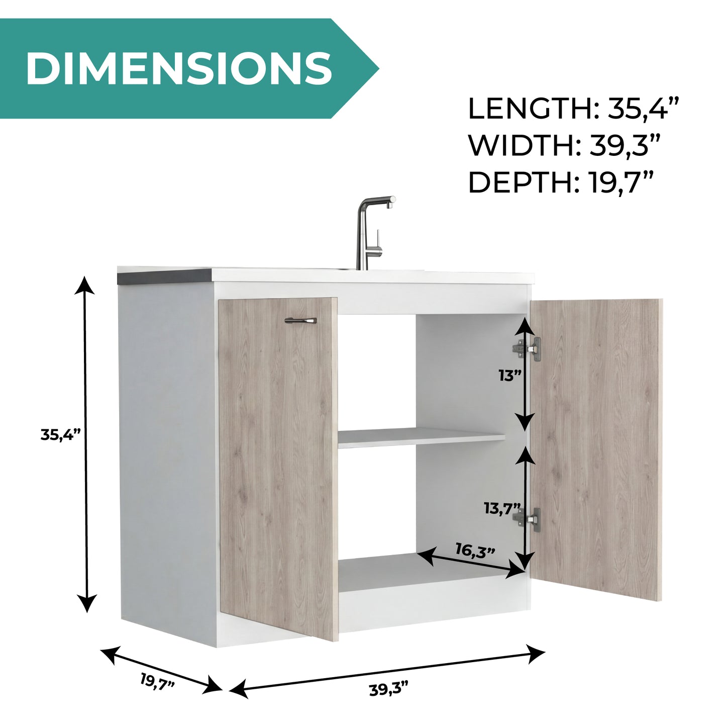 TUHOME Napoles Utility Sink Cabinet with Integrated Steel Sink, Double Door Storage, Interior Shelf and Durable Aluminum Countertop Offering Practical Organization and Functional Workspace for Modern Home Kitchens