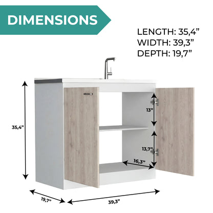TUHOME Napoles Utility Sink Cabinet with Integrated Steel Sink, Double Door Storage, Interior Shelf and Durable Aluminum Countertop Offering Practical Organization and Functional Workspace for Modern Home Kitchens