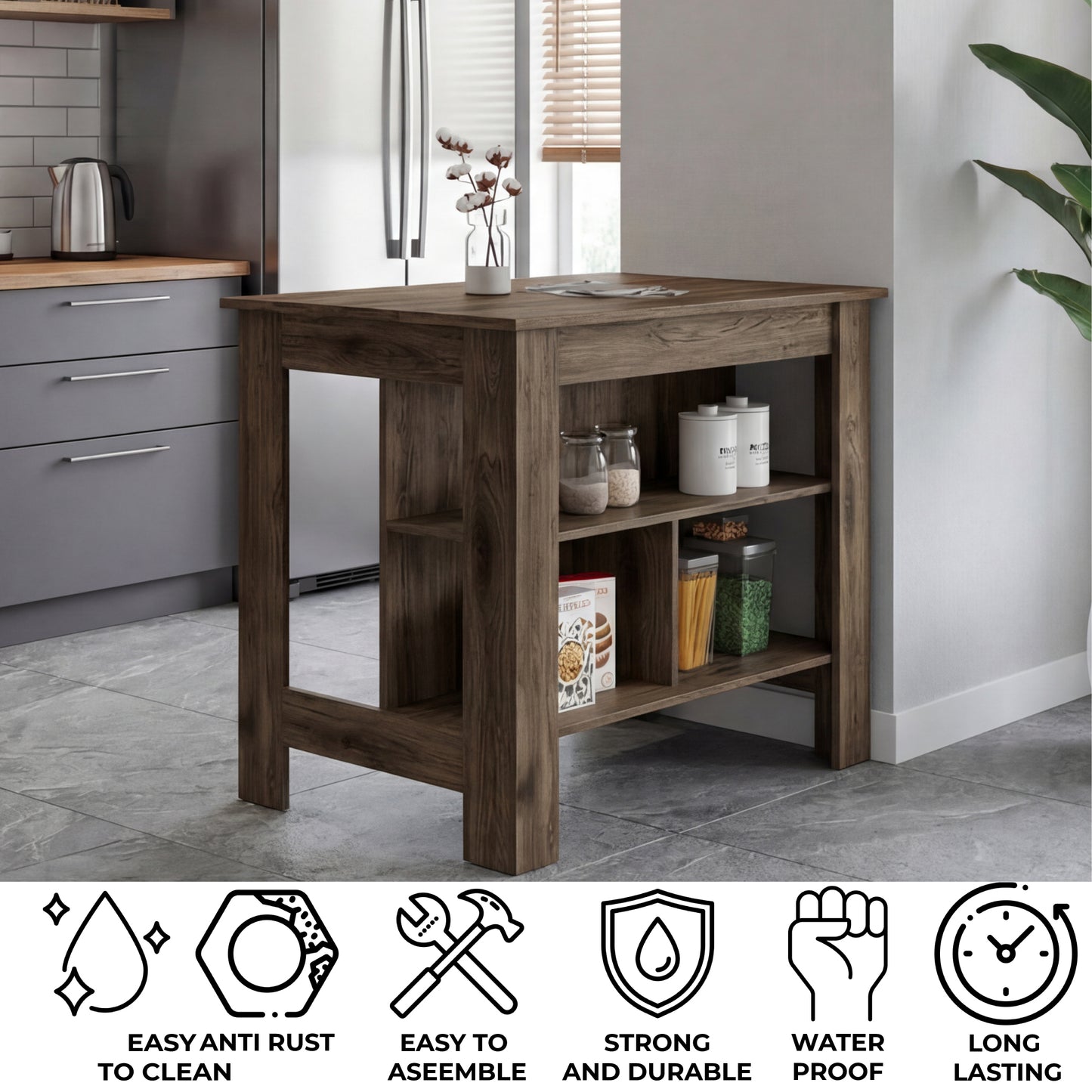 Tuhome Cala Kitchen Island with Spacious Tabletop, Three Open Storage Shelves, Four Sturdy Legs and Comfortable Meal Prep Workstation Design for Modern, Functional and Organized Everyday Culinary Spaces