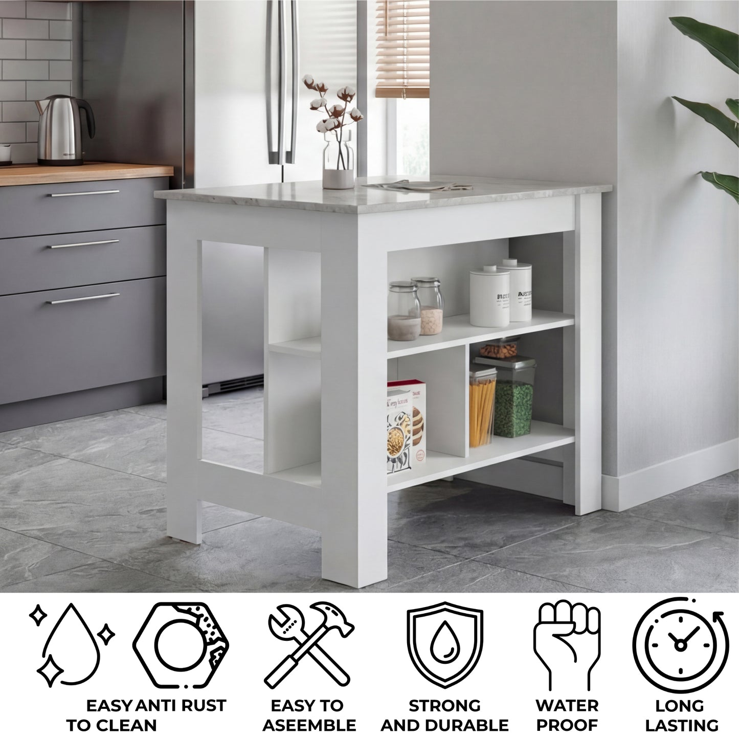 Tuhome Cala Kitchen Island with Spacious Tabletop, Three Open Storage Shelves, Four Sturdy Legs and Comfortable Meal Prep Workstation Design for Modern, Functional and Organized Everyday Culinary Spaces
