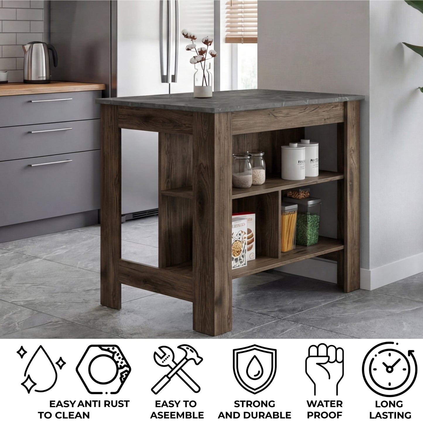 Tuhome Cala Kitchen Island with Spacious Tabletop, Three Open Storage Shelves, Four Sturdy Legs and Comfortable Meal Prep Workstation Design for Modern, Functional and Organized Everyday Culinary Spaces