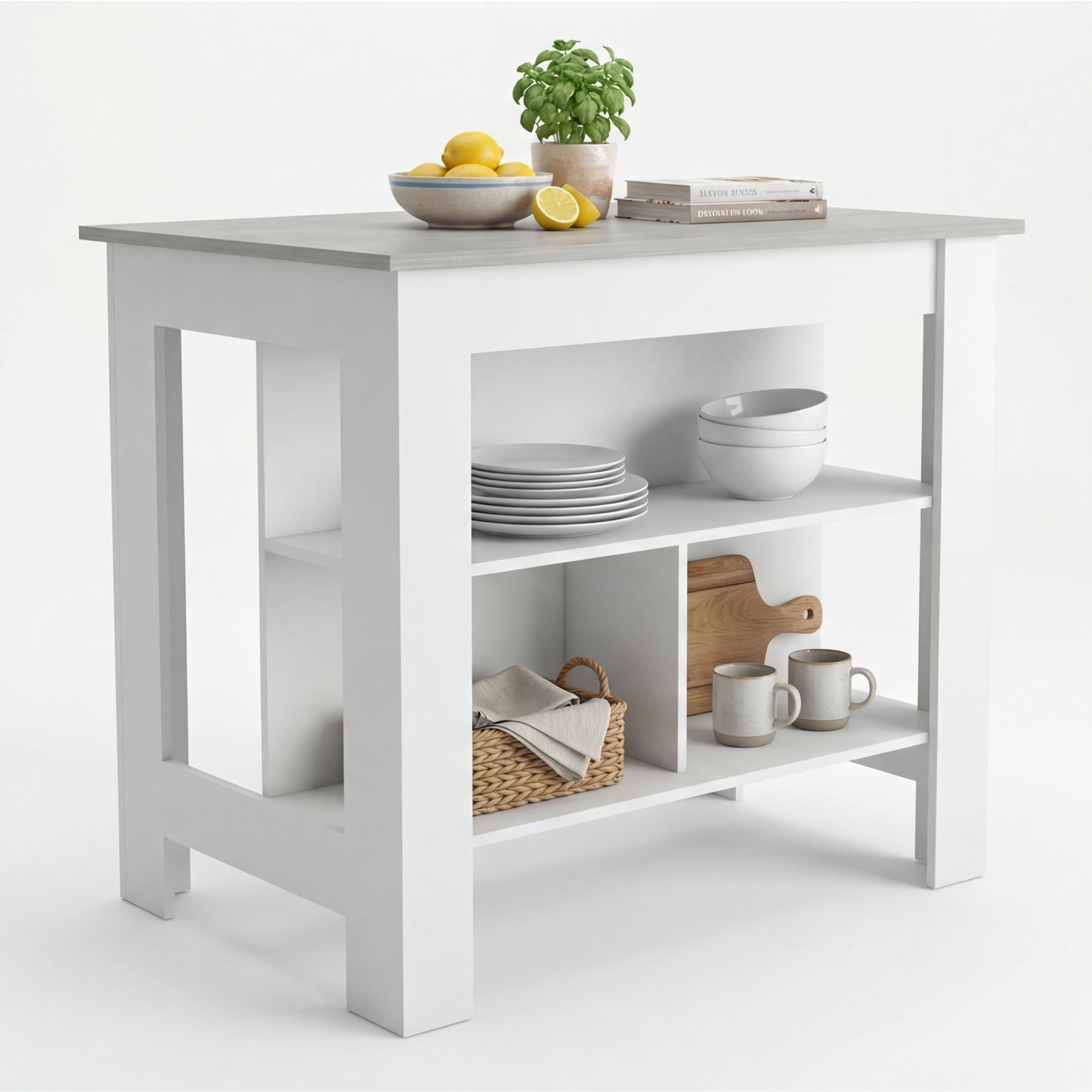 Tuhome Cala Kitchen Island with Spacious Tabletop, Three Open Storage Shelves, Four Sturdy Legs and Comfortable Meal Prep Workstation Design for Modern, Functional and Organized Everyday Culinary Spaces