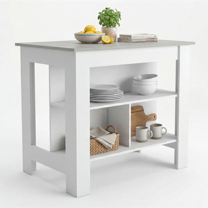 Tuhome Cala Kitchen Island with Spacious Tabletop, Three Open Storage Shelves, Four Sturdy Legs and Comfortable Meal Prep Workstation Design for Modern, Functional and Organized Everyday Culinary Spaces