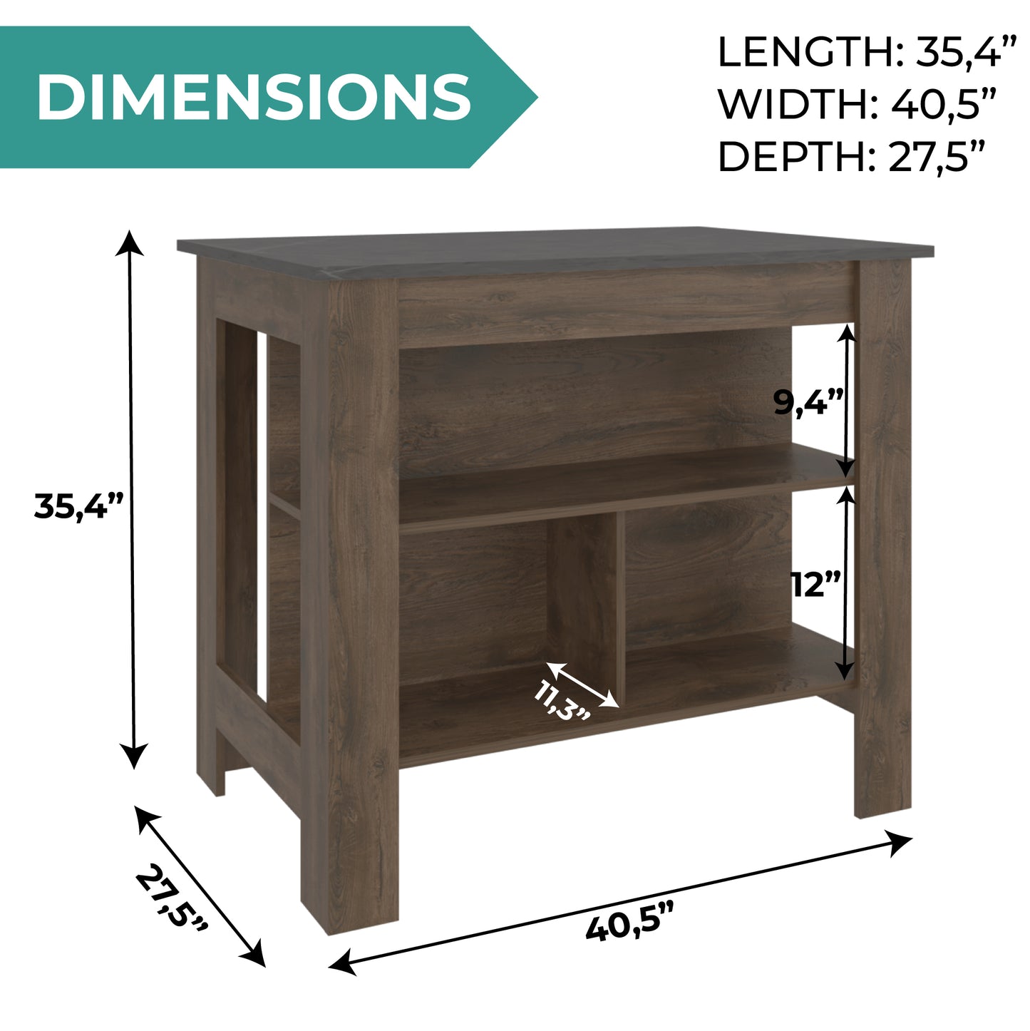 Tuhome Cala Kitchen Island with Spacious Tabletop, Three Open Storage Shelves, Four Sturdy Legs and Comfortable Meal Prep Workstation Design for Modern, Functional and Organized Everyday Culinary Spaces