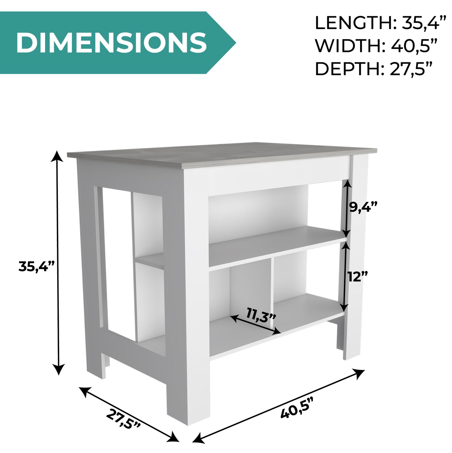 Tuhome Cala Kitchen Island with Spacious Tabletop, Three Open Storage Shelves, Four Sturdy Legs and Comfortable Meal Prep Workstation Design for Modern, Functional and Organized Everyday Culinary Spaces