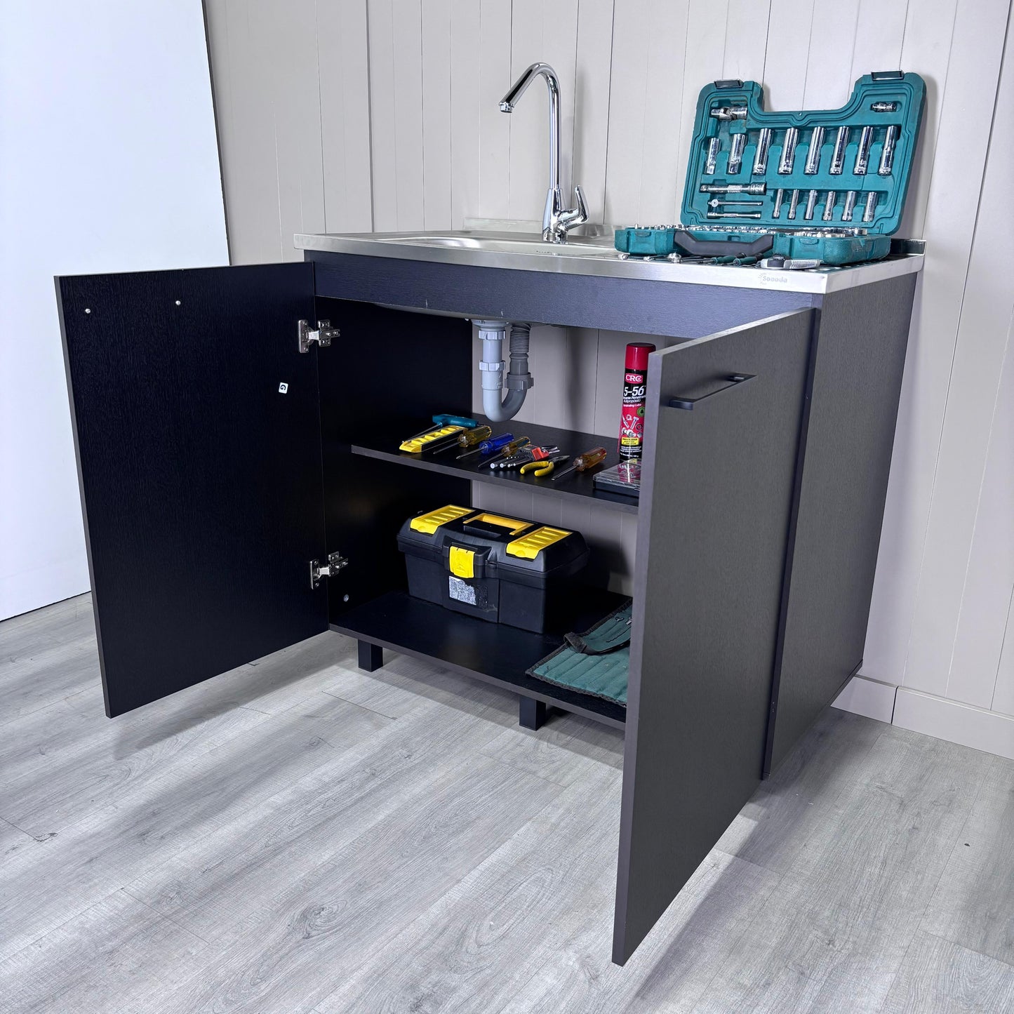 Napoles Utility Sink with Cabinet, Stainless Steel Countertop, Interior Shelf and four legs for Kitchen, Laundry room, Coffe Station