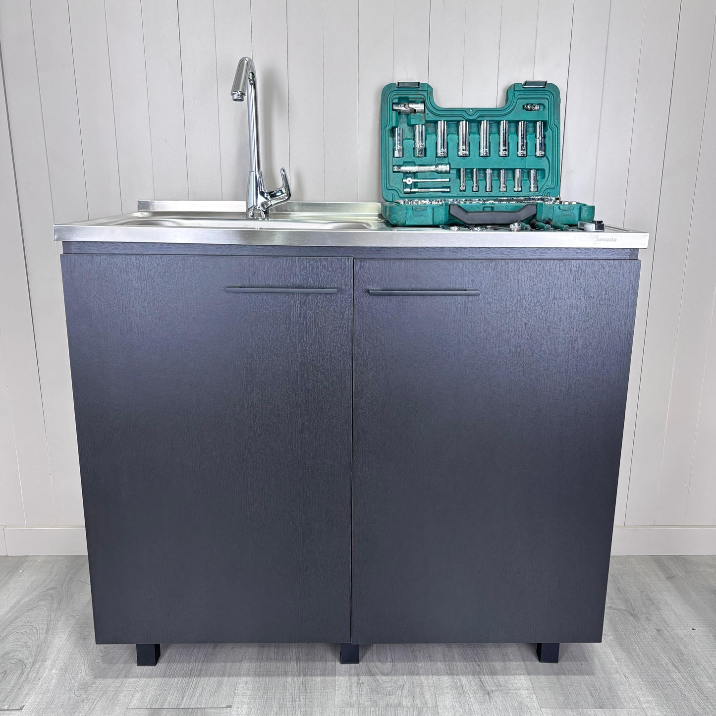Napoles Utility Sink with Cabinet, Stainless Steel Countertop, Interior Shelf and four legs for Kitchen, Laundry room, Coffe Station