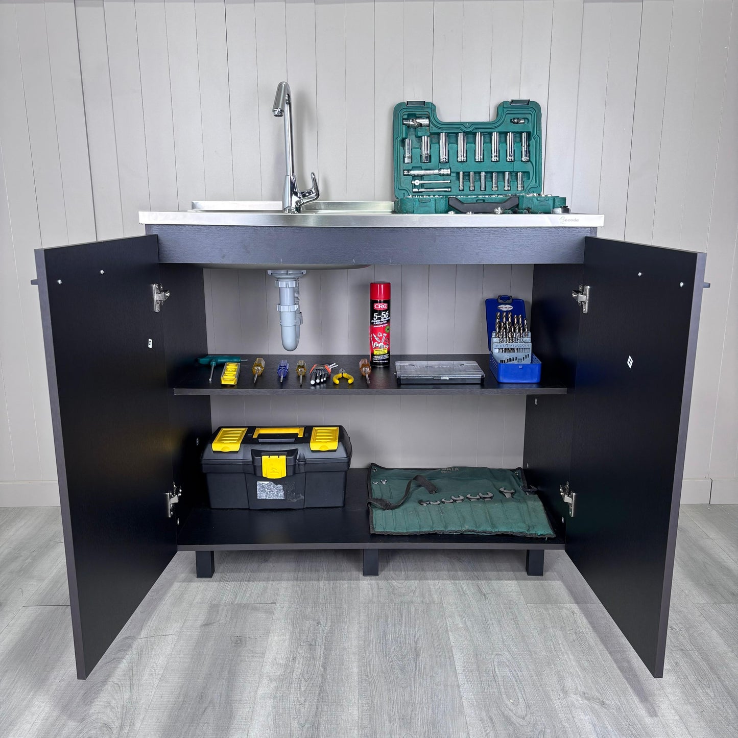 Napoles Utility Sink with Cabinet, Stainless Steel Countertop, Interior Shelf and four legs for Kitchen, Laundry room, Coffe Station