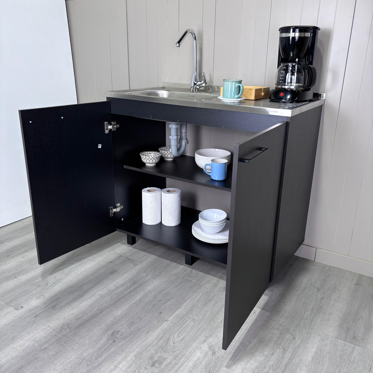 Napoles Utility Sink with Cabinet, Stainless Steel Countertop, Interior Shelf and four legs for Kitchen, Laundry room, Coffe Station