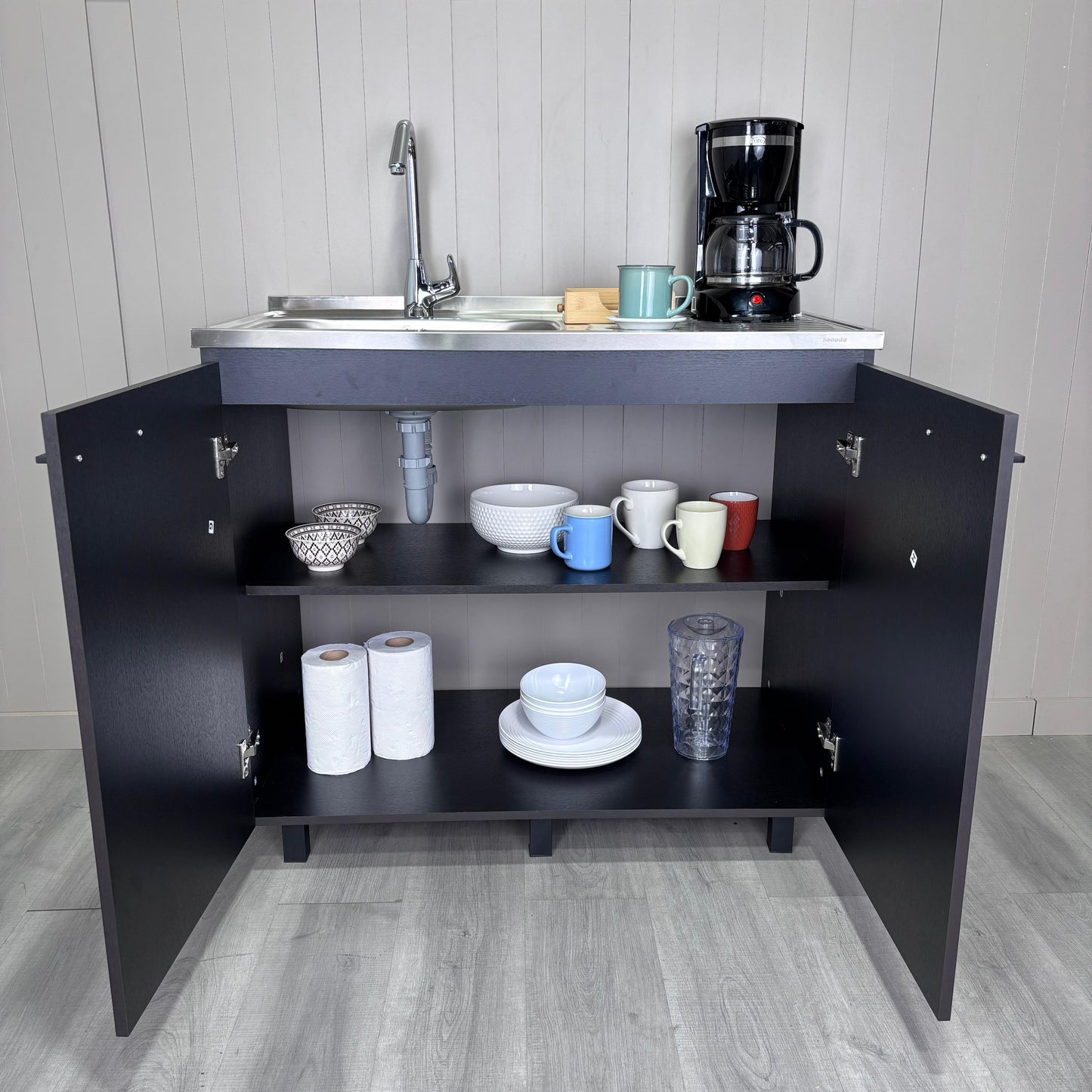 Napoles Utility Sink with Cabinet, Stainless Steel Countertop, Interior Shelf and four legs for Kitchen, Laundry room, Coffe Station