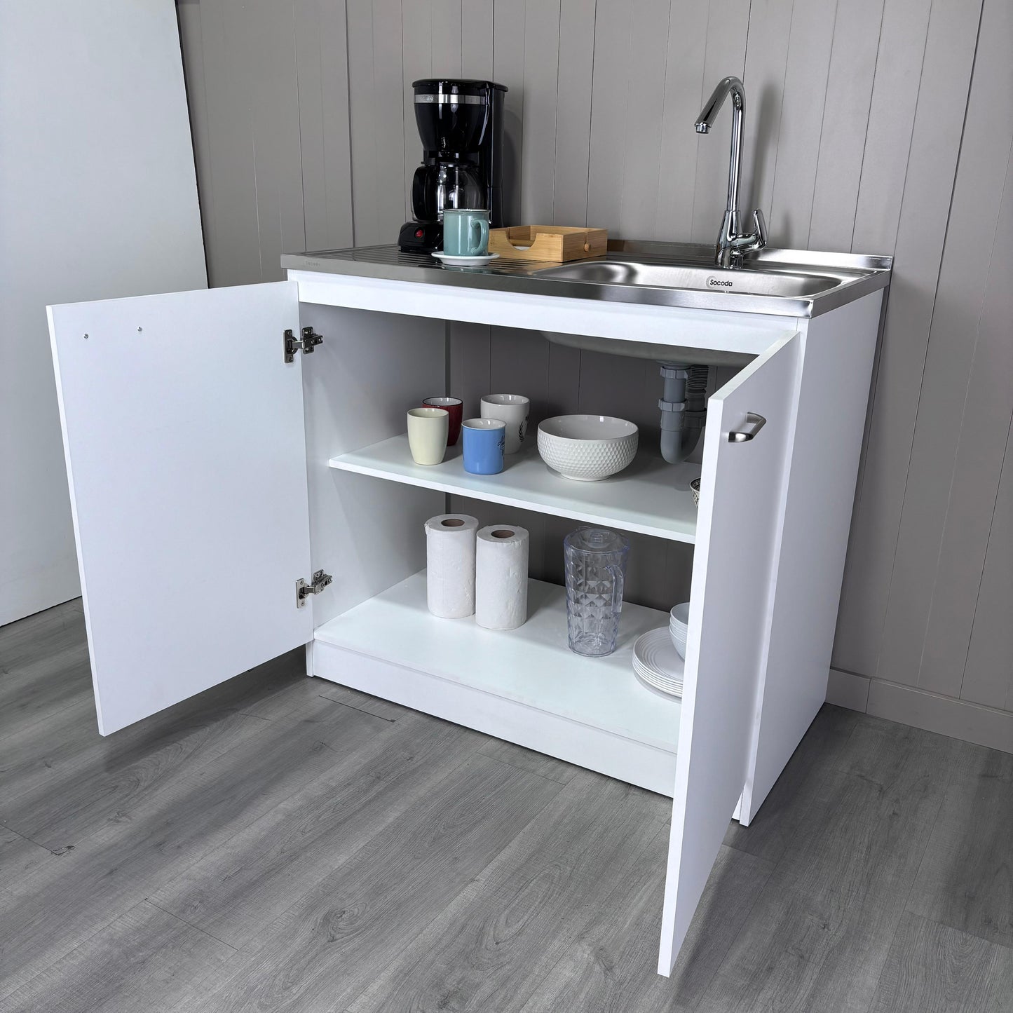 Napoles Utility Sink, Two Shelves, Double Door Cabinet