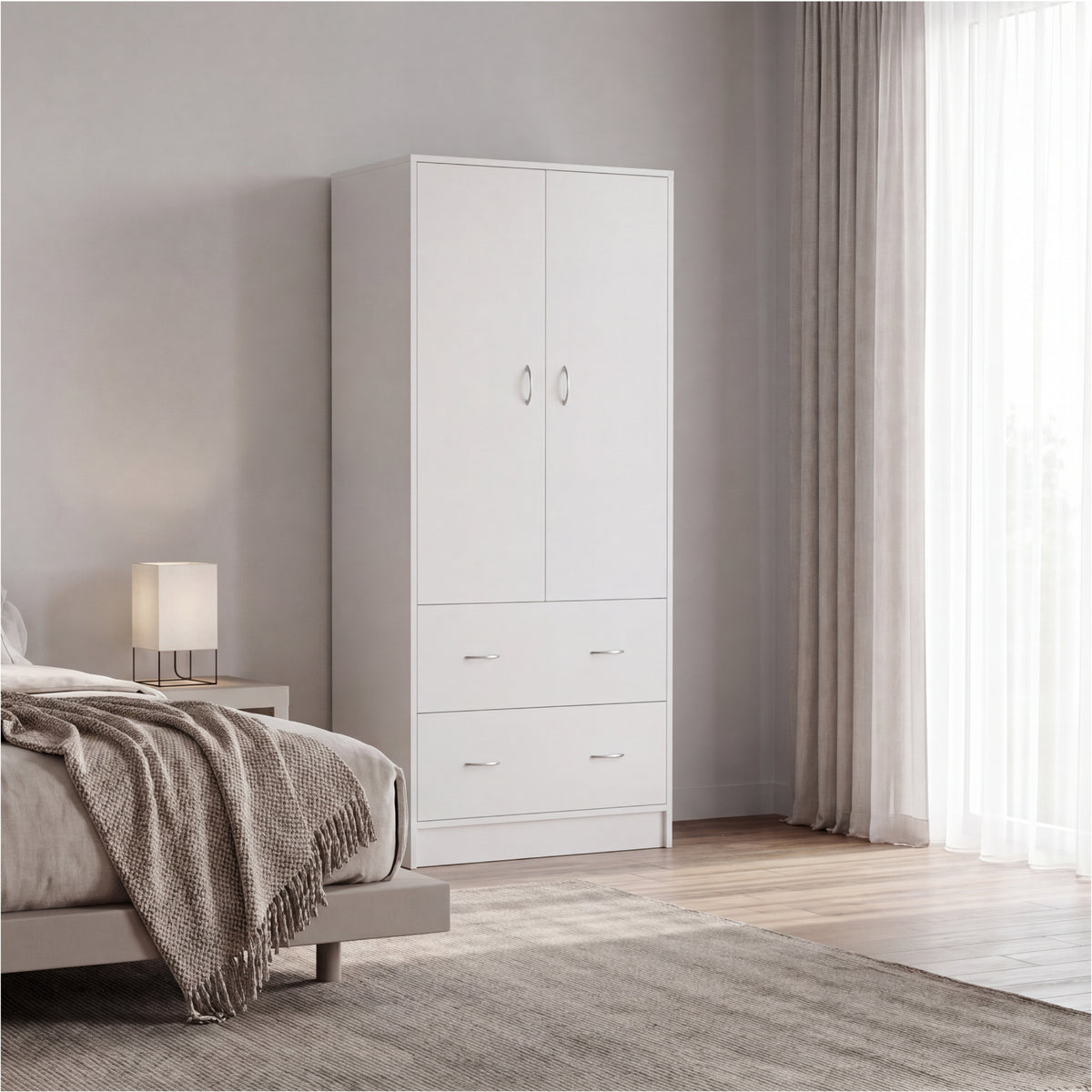 Taly 2-Door Armoire with Two Drawers and Hanging Rod, Spacious Wardrobe Storage Cabinet for Clothing, Accessories and Daily Essentials, Functional Vertical Closet Organizer for Bedrooms and Dressing Spaces