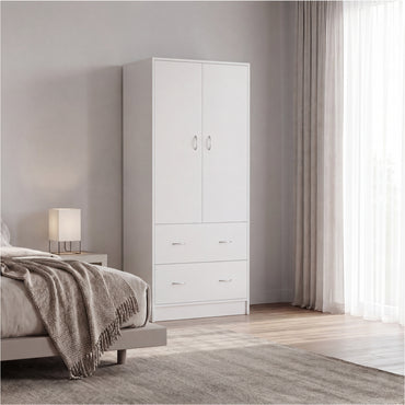 Taly 2-Door Armoire with Two Drawers and Hanging Rod, Spacious Wardrobe Storage Cabinet for Clothing, Accessories and Daily Essentials, Functional Vertical Closet Organizer for Bedrooms and Dressing Spaces