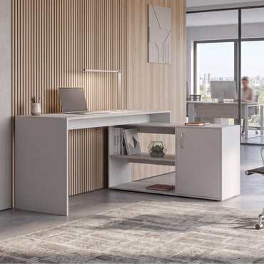Tuhome Axis Modern L-Shaped Computer Desk with Spacious Work Surface, Open Shelving, Closed Storage Cabinet with Interior Shelves, Contemporary Corner Desk for Home Office Organization and Efficient Work-From-Home Setups