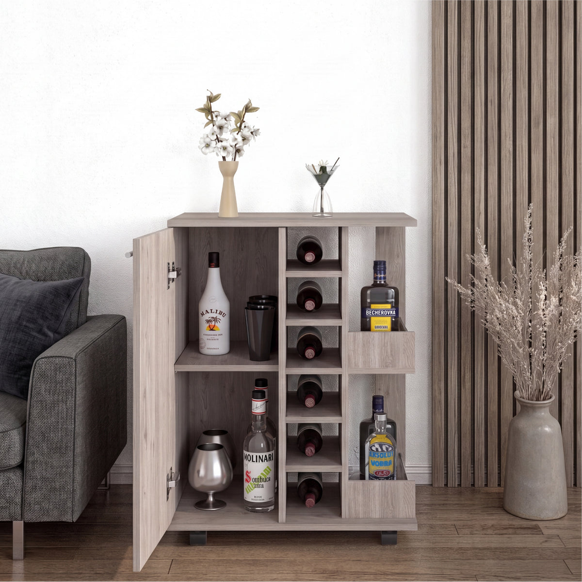 Tuhome Bar Cart with Two External Shelves, Four Casters, Six Built-In Wine Rack, Single Door Cabinet, Modern Design for Home Bar or Living Room