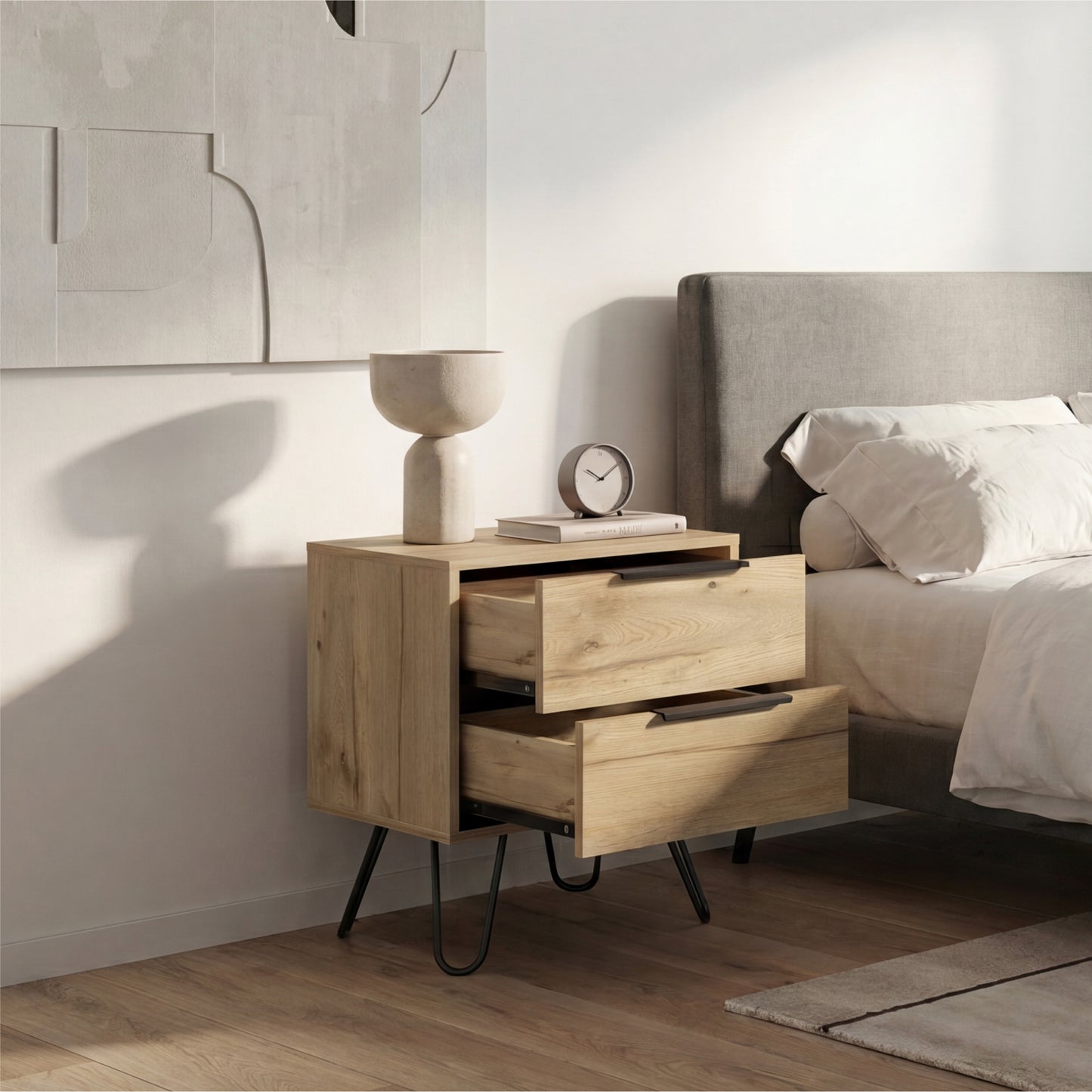 Tuhome Augusta 2 Nightstand with Two Spacious Drawers, Compact Bedroom Storage Cabinet, Modern Functional Bedside Table for Organizing Essentials, Durable Design for Small Spaces, Contemporary Nightstand Solution