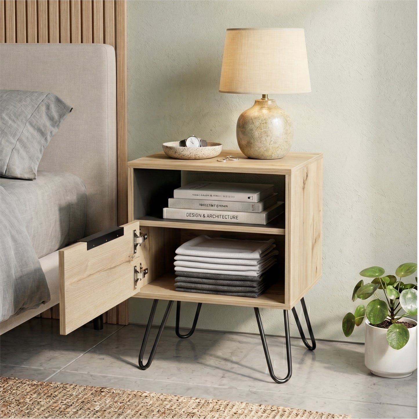 Tuhome Augusta Nightstand with Compact Modern Design, Spacious Storage Drawer and Open Shelf, Bedside Organization Solution for Small Bedrooms, Contemporary Functional Furniture to Enhance Comfort and Daily Use
