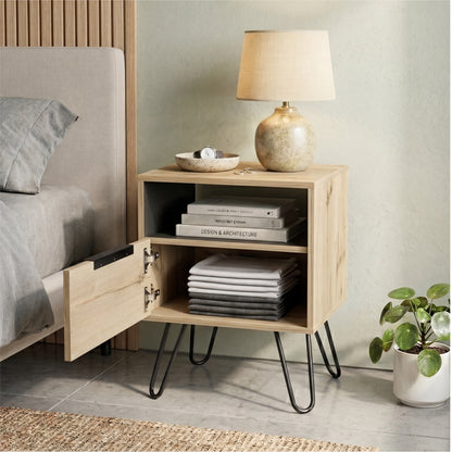 Tuhome Augusta Nightstand with Compact Modern Design, Spacious Storage Drawer and Open Shelf, Bedside Organization Solution for Small Bedrooms, Contemporary Functional Furniture to Enhance Comfort and Daily Use
