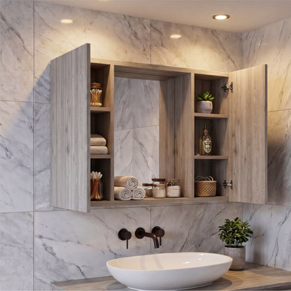 Tuhome Artemisa Medicine Cabinet with Integrated Mirror, Six Interior Storage Shelves, Secure Double-Door Design, Space-Saving Wall Cabinet for Organized Bathrooms and Daily Essentials.