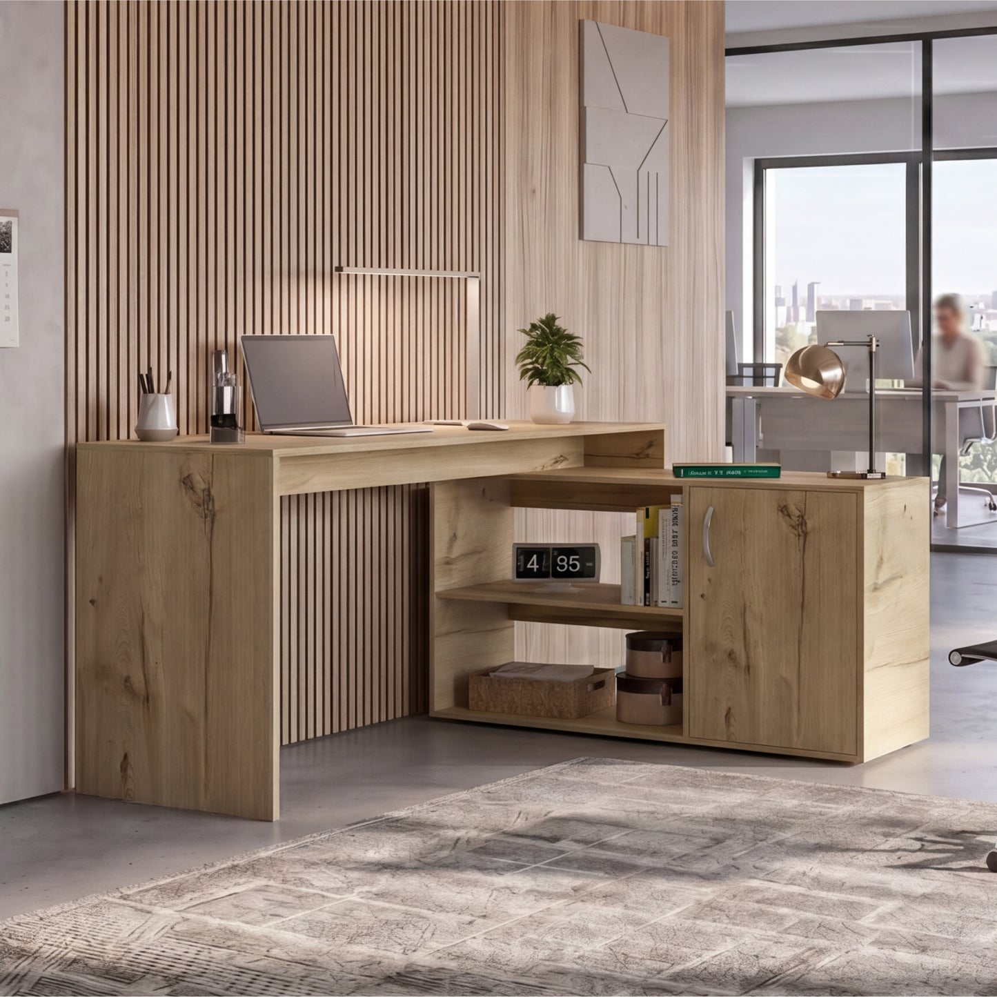Tuhome Axis Modern L-Shaped Computer Desk with Spacious Work Surface, Open Shelving, Closed Storage Cabinet with Interior Shelves, Contemporary Corner Desk for Home Office Organization and Efficient Work-From-Home Setups