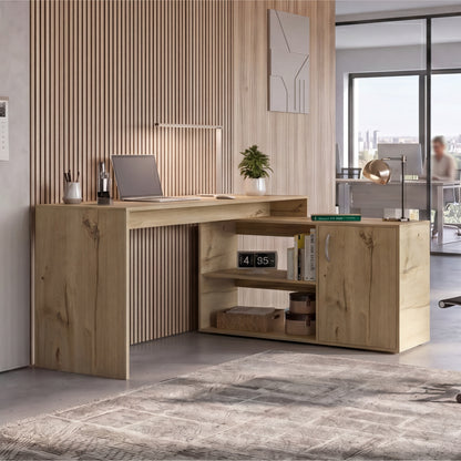 Tuhome Axis Modern L-Shaped Computer Desk with Spacious Work Surface, Open Shelving, Closed Storage Cabinet with Interior Shelves, Contemporary Corner Desk for Home Office Organization and Efficient Work-From-Home Setups