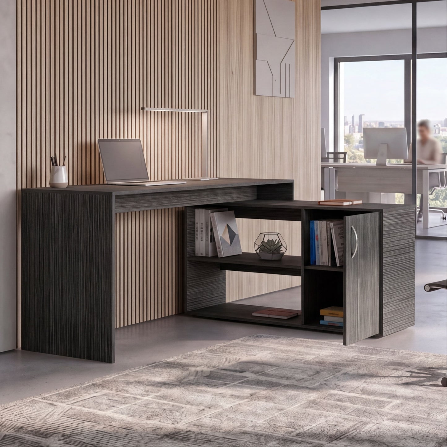 Tuhome Axis Modern L-Shaped Computer Desk with Spacious Work Surface, Open Shelving, Closed Storage Cabinet with Interior Shelves, Contemporary Corner Desk for Home Office Organization and Efficient Work-From-Home Setups