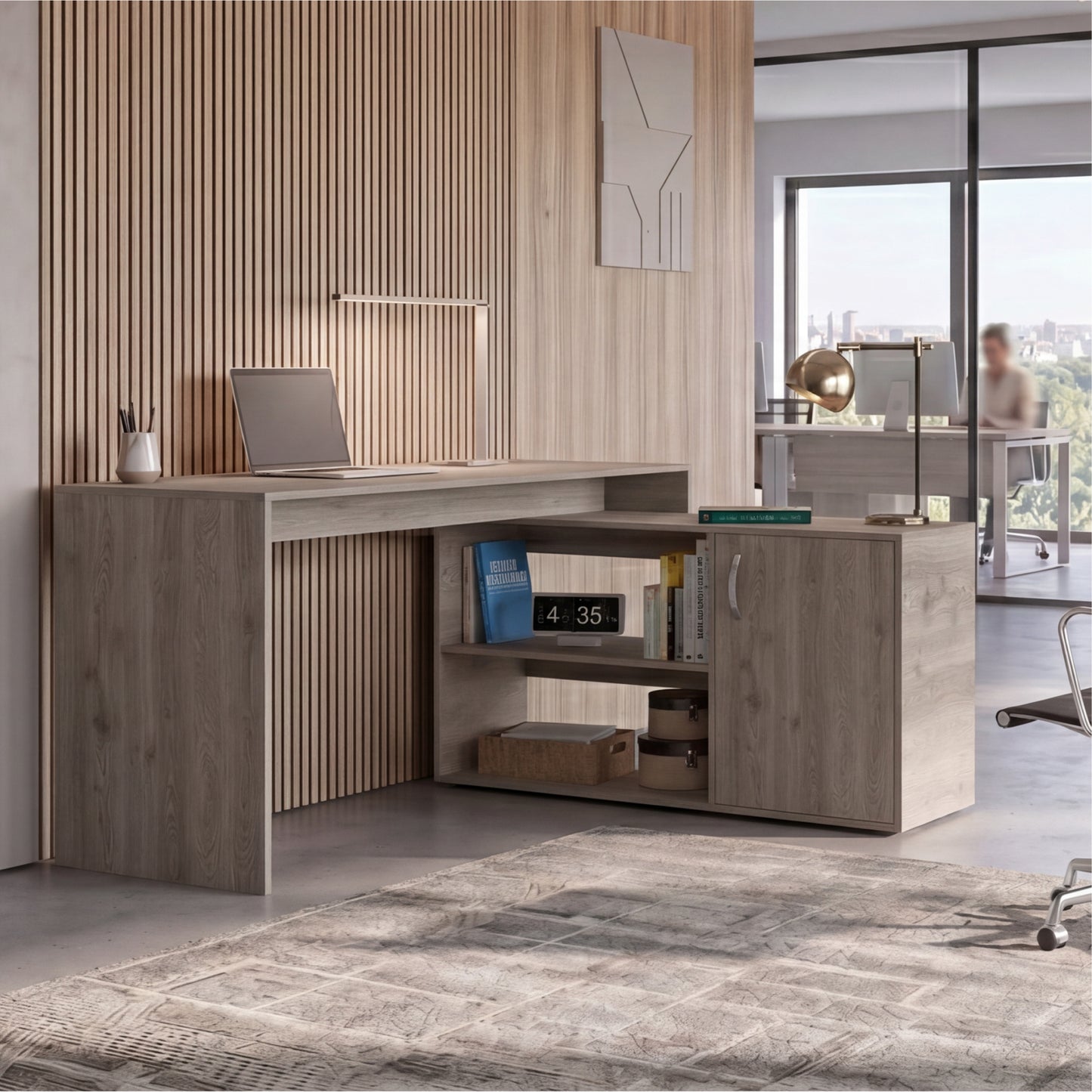 Tuhome Axis Modern L-Shaped Computer Desk with Spacious Work Surface, Open Shelving, Closed Storage Cabinet with Interior Shelves, Contemporary Corner Desk for Home Office Organization and Efficient Work-From-Home Setups