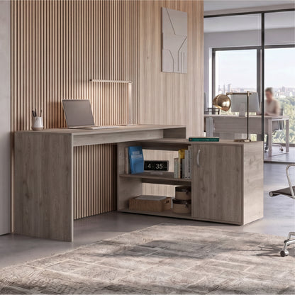 Tuhome Axis Modern L-Shaped Computer Desk with Spacious Work Surface, Open Shelving, Closed Storage Cabinet with Interior Shelves, Contemporary Corner Desk for Home Office Organization and Efficient Work-From-Home Setups