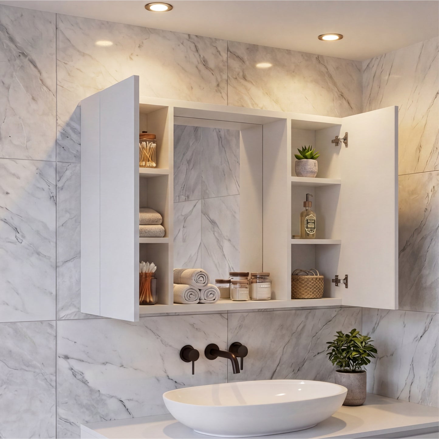 Tuhome Artemisa Medicine Cabinet with Integrated Mirror, Six Interior Storage Shelves, Secure Double-Door Design, Space-Saving Wall Cabinet for Organized Bathrooms and Daily Essentials.
