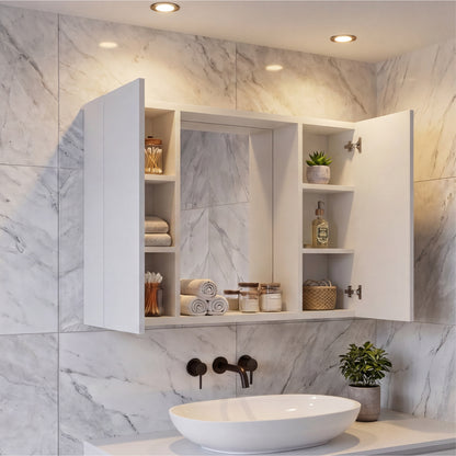 Tuhome Artemisa Medicine Cabinet with Integrated Mirror, Six Interior Storage Shelves, Secure Double-Door Design, Space-Saving Wall Cabinet for Organized Bathrooms and Daily Essentials.