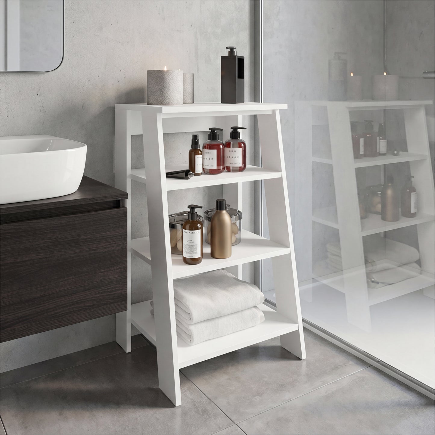 TUHOME Bathbi 30-Inch High Four-Tier Ladder Shelf Organizer, Compact Corner Storage Rack for Bathroom Towels, Living Room Décor or Side Table Use, Modern Space-Saving Display Unit with Open Shelves