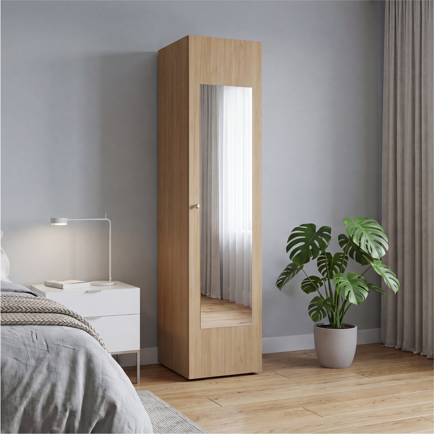 Home Linen Freestanding Tall Cabinet with Single Door with One Mirror and 4 Horizontal Storage Shelves, Cabinet for Bathroom, Bedroom or Laundry Room