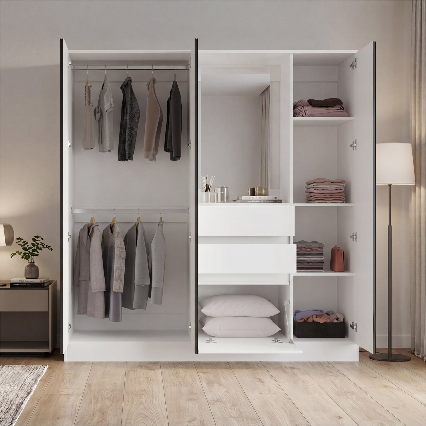 Kamelot Practical and Elegant Freestanding Armoire Wardrobe Double Door Design with Spacious Interior Featuring Hanging Rod and Interior Shelving for Comprehensive Bedroom Storage Solution