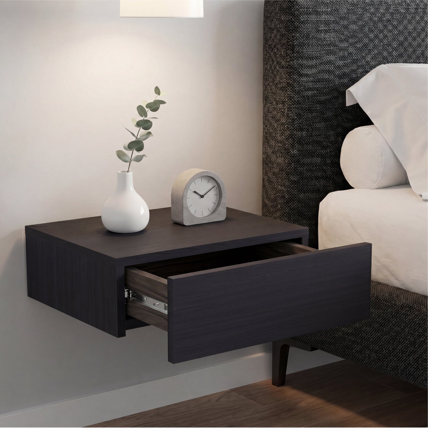 TUHOME Milano Floating Nightstand with Wall-Mounted Design, Spacious Storage Drawer and Upper Display Surface Offering Minimalist Space-Saving Organization and Durable Engineered Wood Construction for Modern Bedroom Interiors