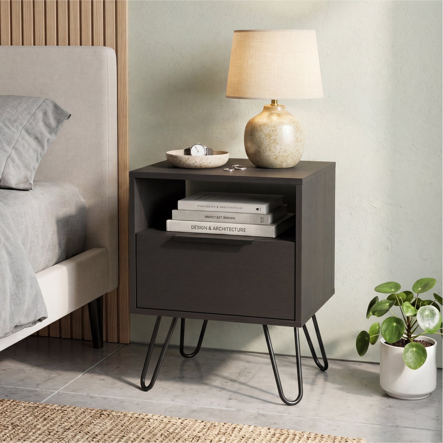 Tuhome Augusta Nightstand with Compact Modern Design, Spacious Storage Drawer and Open Shelf, Bedside Organization Solution for Small Bedrooms, Contemporary Functional Furniture to Enhance Comfort and Daily Use