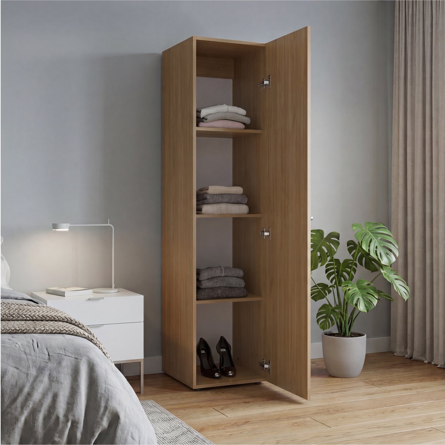 Home Linen Freestanding Tall Cabinet with Single Door with One Mirror and 4 Horizontal Storage Shelves, Cabinet for Bathroom, Bedroom or Laundry Room