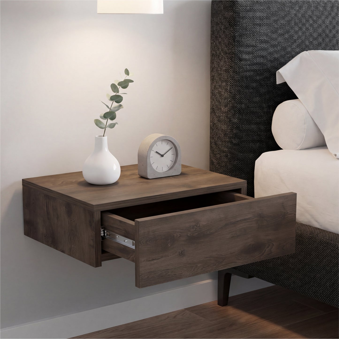 TUHOME Milano Floating Nightstand with Wall-Mounted Design, Spacious Storage Drawer and Upper Display Surface Offering Minimalist Space-Saving Organization and Durable Engineered Wood Construction for Modern Bedroom Interiors