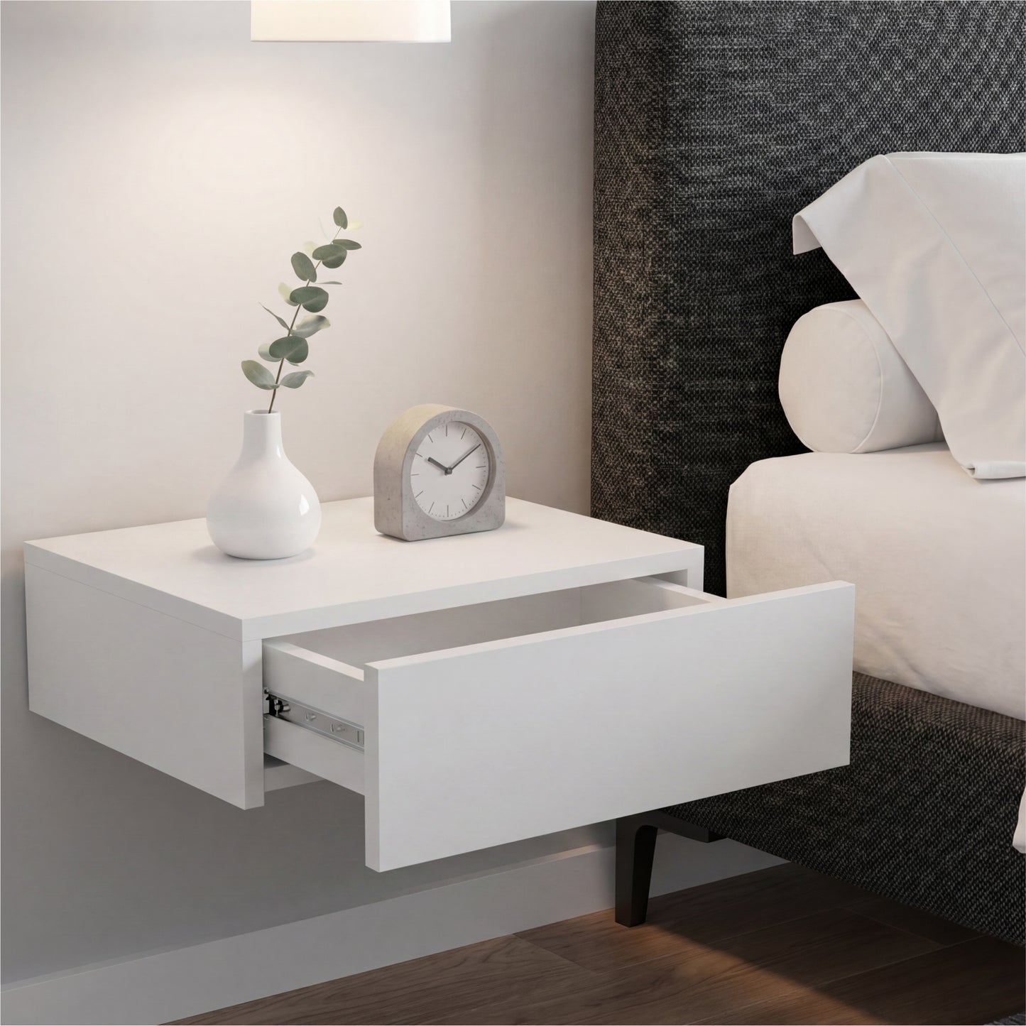 TUHOME Milano Floating Nightstand with Wall-Mounted Design, Spacious Storage Drawer and Upper Display Surface Offering Minimalist Space-Saving Organization and Durable Engineered Wood Construction for Modern Bedroom Interiors