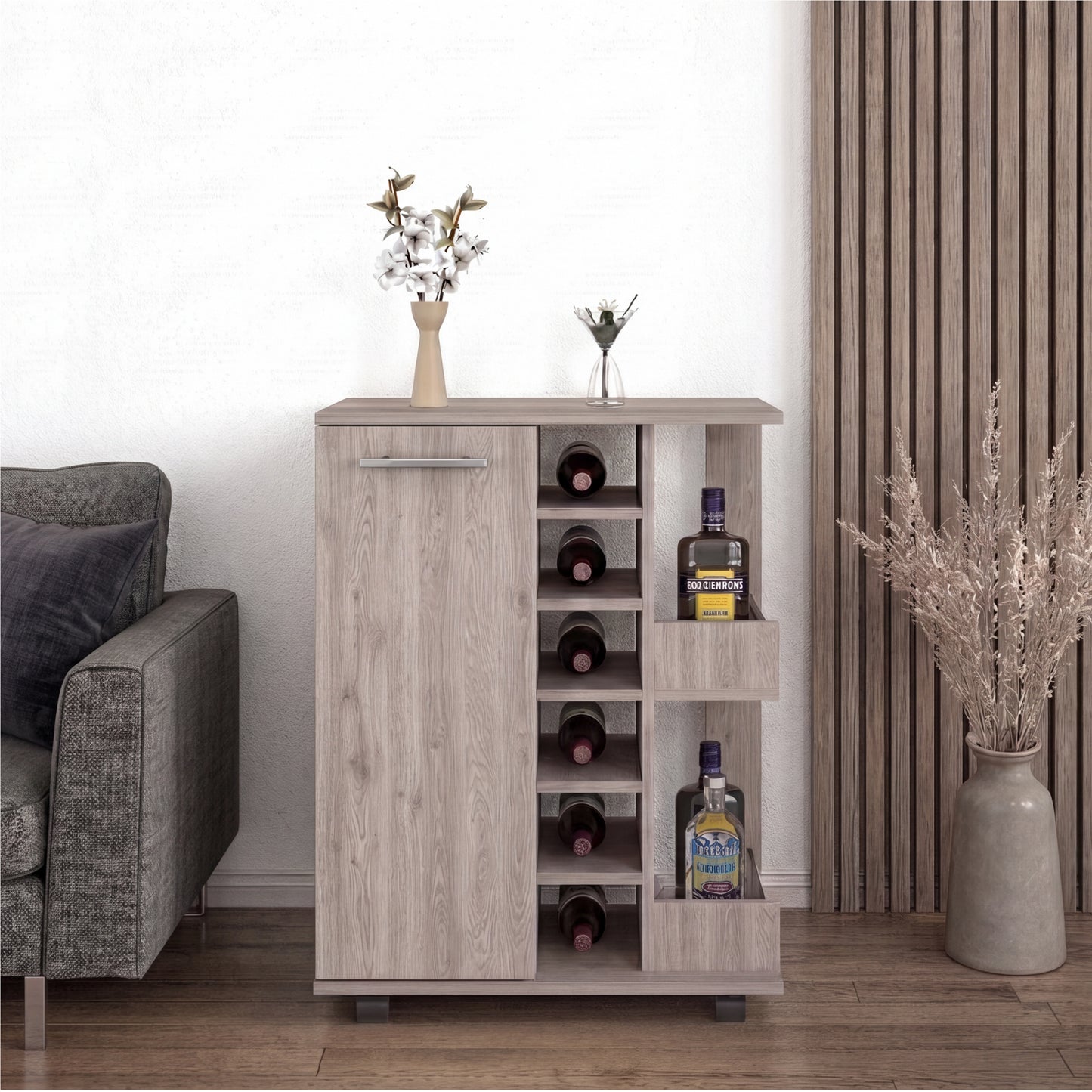 Tuhome Bar Cart with Two External Shelves, Four Casters, Six Built-In Wine Rack, Single Door Cabinet, Modern Design for Home Bar or Living Room