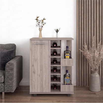 Tuhome Bar Cart with Two External Shelves, Four Casters, Six Built-In Wine Rack, Single Door Cabinet, Modern Design for Home Bar or Living Room