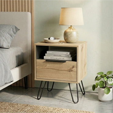 Tuhome Augusta Nightstand with Compact Modern Design, Spacious Storage Drawer and Open Shelf, Bedside Organization Solution for Small Bedrooms, Contemporary Functional Furniture to Enhance Comfort and Daily Use