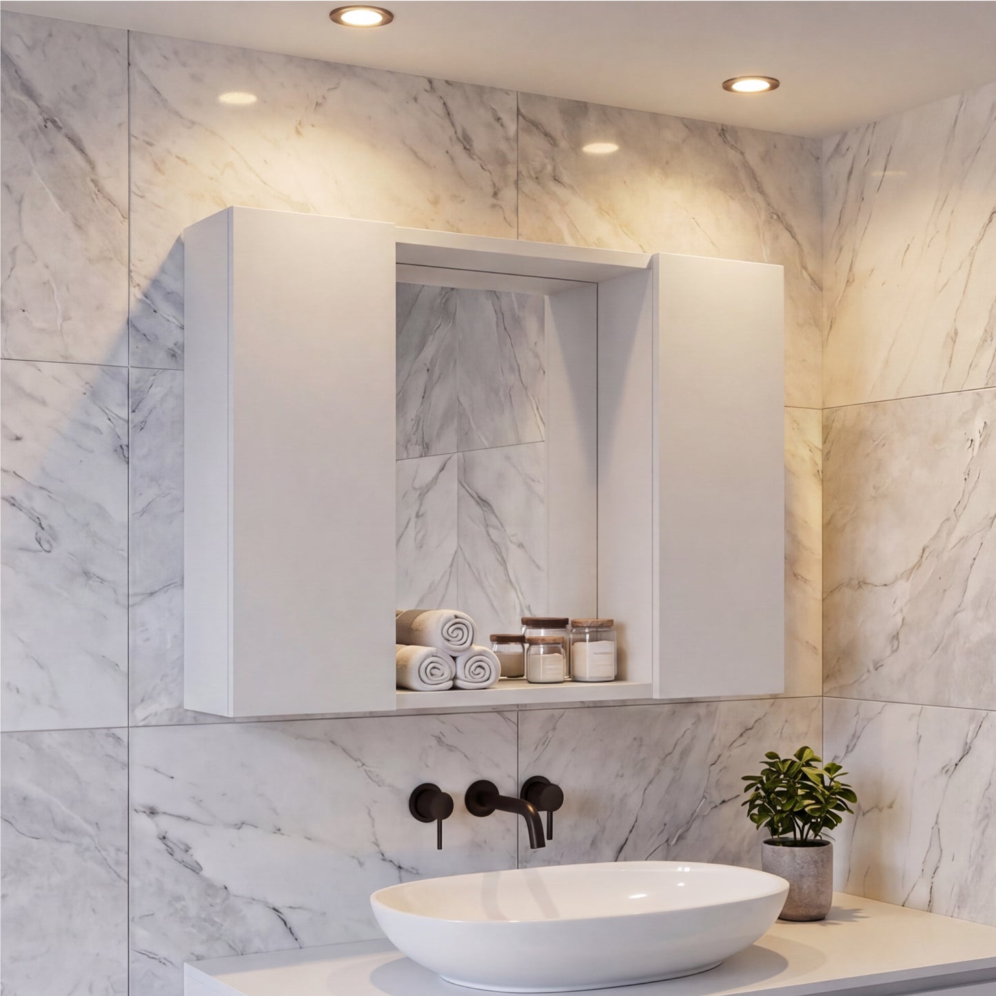 Tuhome Artemisa Medicine Cabinet with Integrated Mirror, Six Interior Storage Shelves, Secure Double-Door Design, Space-Saving Wall Cabinet for Organized Bathrooms and Daily Essentials.
