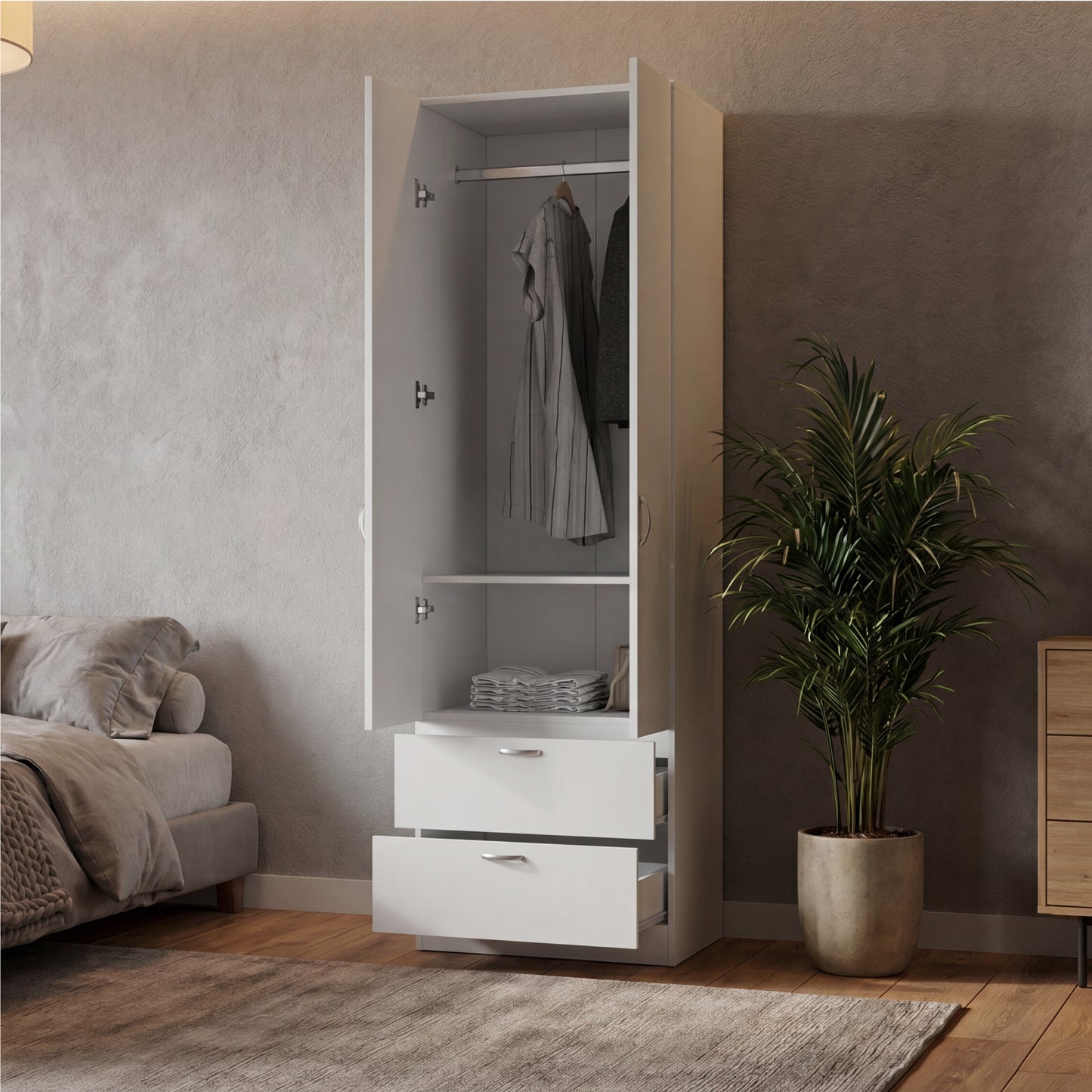 Vico 76-Inch High Armoire Wardrobe Closet with Double Door Cabinet, Two Spacious Drawers, Internal Shelf, Hanging Rod, Multi-Section Clothing Organizer for Bedroom Storage and Freestanding Clothes Organization