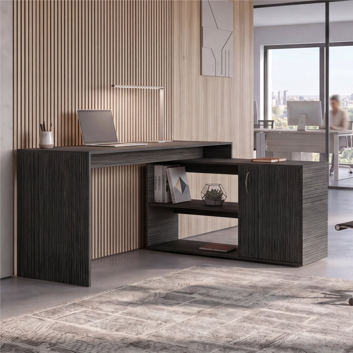 Tuhome Axis Modern L-Shaped Computer Desk with Spacious Work Surface, Open Shelving, Closed Storage Cabinet with Interior Shelves, Contemporary Corner Desk for Home Office Organization and Efficient Work-From-Home Setups