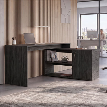Tuhome Axis Modern L-Shaped Computer Desk with Spacious Work Surface, Open Shelving, Closed Storage Cabinet with Interior Shelves, Contemporary Corner Desk for Home Office Organization and Efficient Work-From-Home Setups