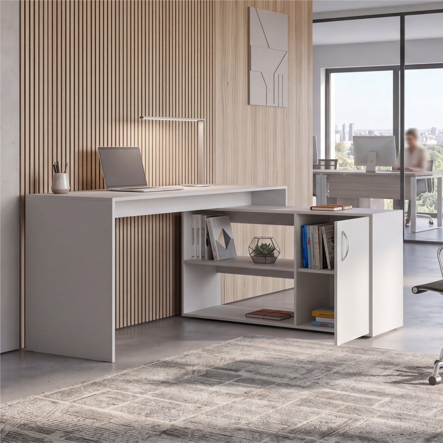Tuhome Axis Modern L-Shaped Computer Desk with Spacious Work Surface, Open Shelving, Closed Storage Cabinet with Interior Shelves, Contemporary Corner Desk for Home Office Organization and Efficient Work-From-Home Setups