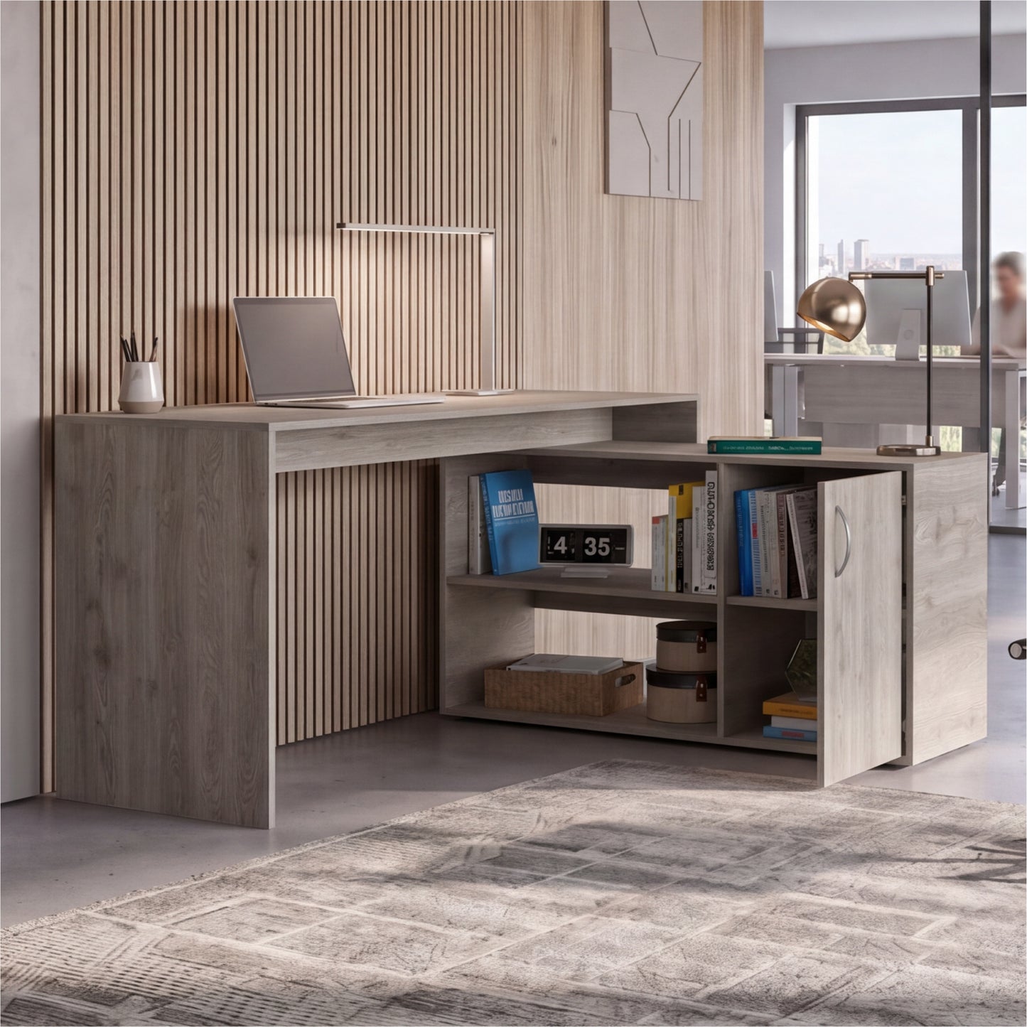 Tuhome Axis Modern L-Shaped Computer Desk with Spacious Work Surface, Open Shelving, Closed Storage Cabinet with Interior Shelves, Contemporary Corner Desk for Home Office Organization and Efficient Work-From-Home Setups