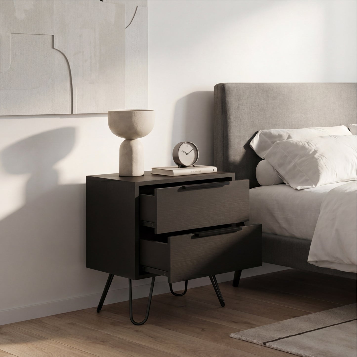 Tuhome Augusta 2 Nightstand with Two Spacious Drawers, Compact Bedroom Storage Cabinet, Modern Functional Bedside Table for Organizing Essentials, Durable Design for Small Spaces, Contemporary Nightstand Solution